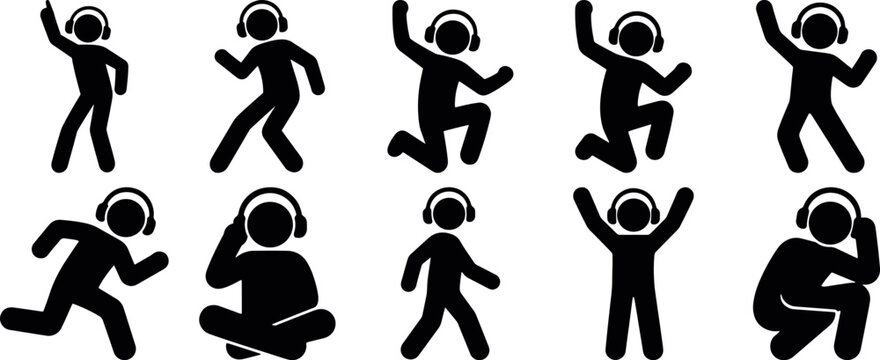 stickman music activity vector icons for dancing and entertainment, stickman headphone listening and dancing silhouette icon set, stickman music lover vector collection for audio lifestyle design