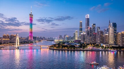 Naklejka premium Guangzhou city skyline at night by the pearl river