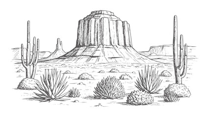 Hand drawn desert landscape with saguaro cacti and mesa cactus © Fahim