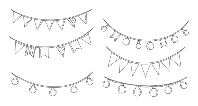 Hand drawn festive bunting flags and string lights white