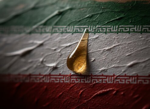 Iranian flag with textured surface and golden oil drop symbolizing oil industry