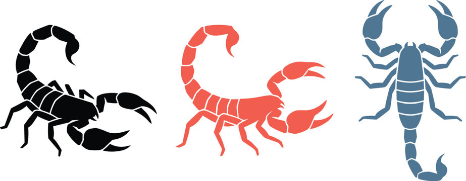 Scorpion silhouette and flat icon set featuring dangerous desert arachnid with stinger claw and tail scorpio zodiac symbol vector