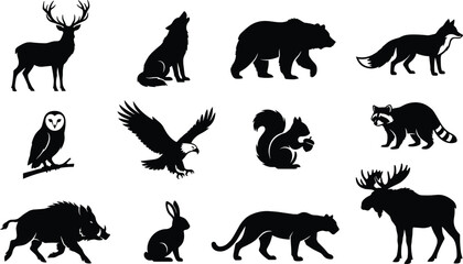 Obraz premium Wild animal silhouette icon set featuring forest wildlife deer bear wolf fox eagle owl moose boar cougar rabbit vector