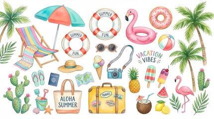 Fototapeta premium Watercolor summer vacation elements collection with tropical motifs