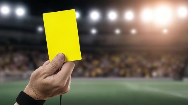 Realistic football referee holding yellow card and whistle in stadium, close-up sports warning decision scene with bright floodlights, blurred crowd, authentic match atmosphere, na