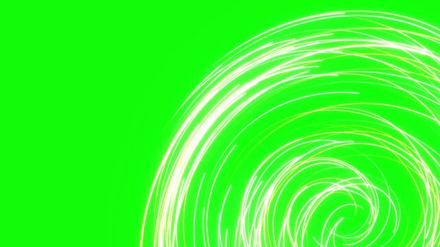 Glowing white particles wrap into a circular spiral over a vibrant green screen backdrop creating a powerful compositing overlay for tech intros
