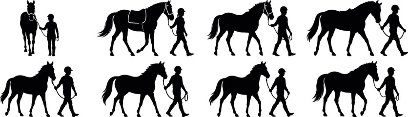 Horse and rider leading silhouette set white background, Equestrian handler walking horse vector illustration pack, Person leading horse silhouette icon collection design