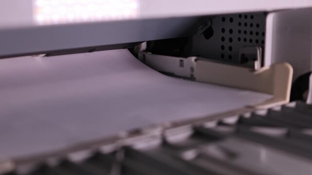Close-up view of an office printer as it pulls paper into the printing tray. The paper feeding process is shown in detail, highlighting the mechanics behind how sheets are drawn into the printer for.