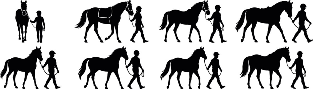 Horse and rider leading silhouette set white background, Equestrian handler walking horse vector illustration pack, Person leading horse silhouette icon collection design