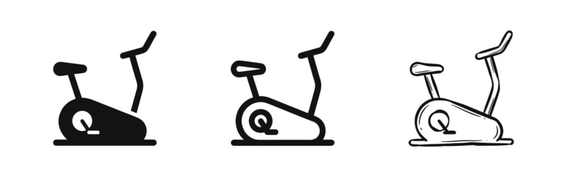 Exercise bike icon set in solid, outline, and hand-drawn sketch styles for fitness and gym.