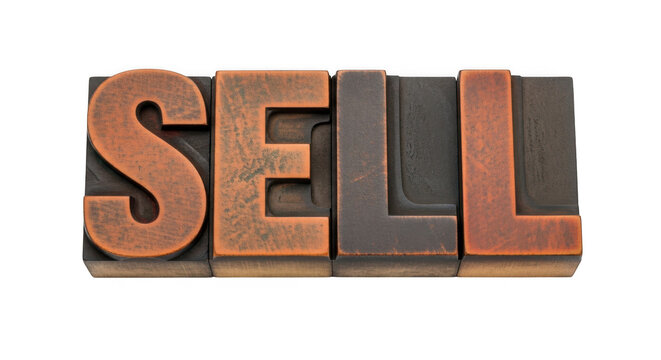 Vintage wooden letter blocks spelling sell isolated on transparent background