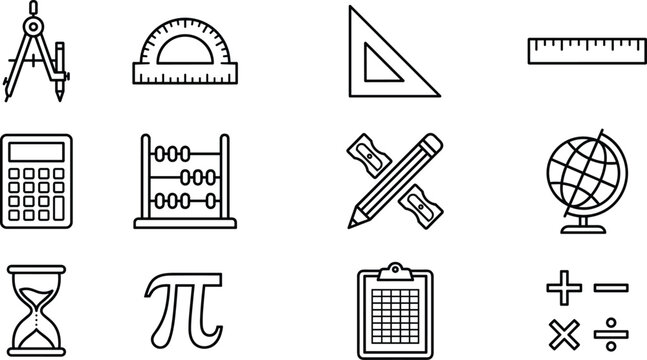 Mathematics and geometry line icon set featuring school education tools drawing compass protractor ruler calculator and math symbols vector