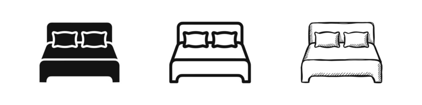 Comfortable double bed with pillows icon set for bedroom, sleep, rest, and hotel concepts.