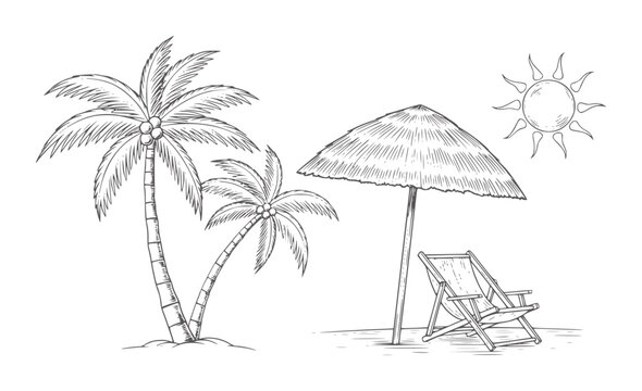 Of two palm trees a thatched umbrella and a lounge chair under the sun coconut tropical