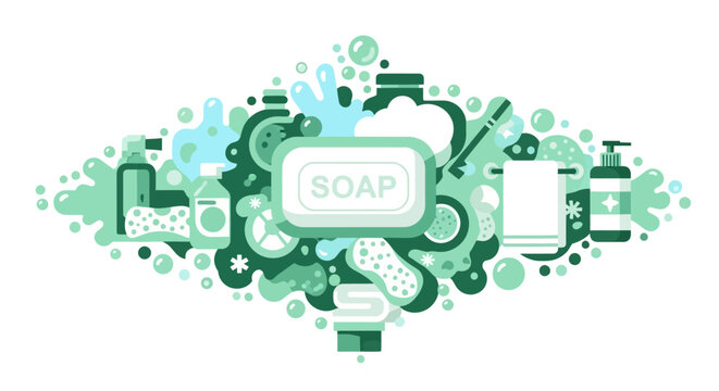 Bath and Hygiene Concept Illustration with Bar Soap, Liquid Dispenser, Towel, and Bubbles in Green Minimalist Style