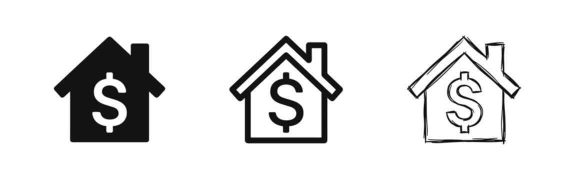 Real estate house price icons with dollar sign in three styles: solid, outline, and hand-drawn sketch