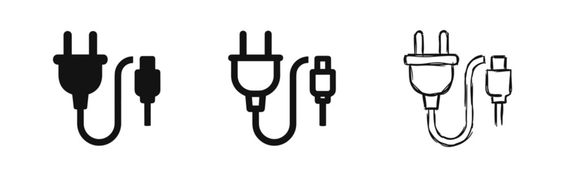 Electrical power plug and USB cable icons in three styles: solid, outline, and hand-drawn sketch