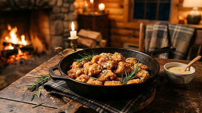 Crispy Chicken Cordon Bleu Bites Served Warm in a Rustic Skillet with Rosemary Garnish