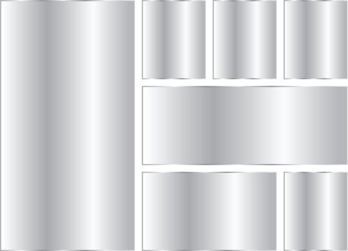 Set of silver metallic texture backgrounds, brushed metal plates, chrome banners, shiny steel gradients, vector illustration, collection of glossy silver rectangles