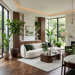 Fototapeta premium elegant modern interior with curated indoor plants, premium furniture, marble and wood textures, quiet luxury green aesthetic