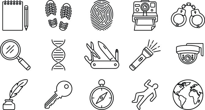 Detective and forensic science line icon set featuring crime scene chalk outline instant camera handcuffs cctv camera compass vector
