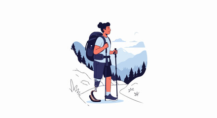 Fototapeta premium Mountain hiking vector illustration with person walking on trail, carrying backpack and using trekking poles. Outdoor adventure vector graphic for travel blog, poster, banner,