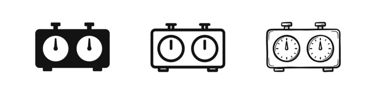 Dual face chess clock timer icon set. Strategy game, competition, and deadline concept.