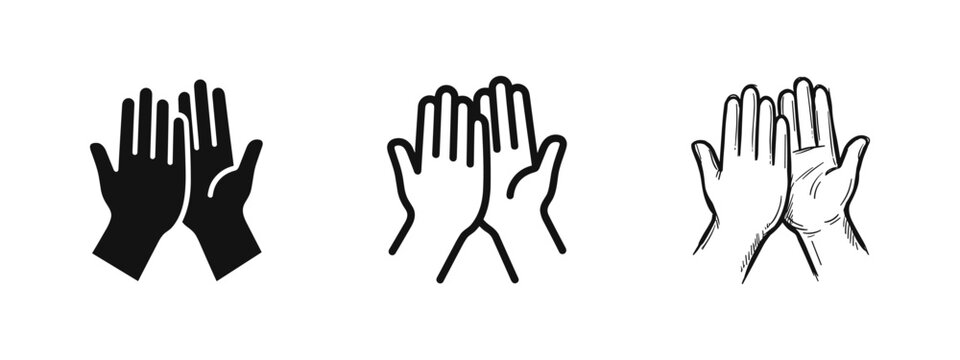High five or praying hands icons in three styles: solid black, outline, and hand-drawn sketch