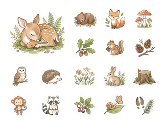 Fototapeta premium Watercolor illustration of a gentle baby fawn deer sleeping among forest ferns on a white background