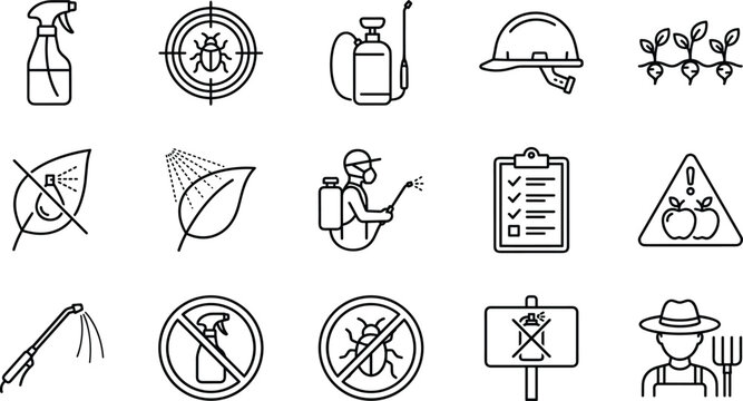 Pesticide and agriculture pest control line icon set featuring farming chemical sprayer protective worker safety signs and insecticide vector