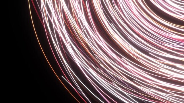 Vibrant pink and white light streaks swirl into a close up macro vortex over a dark void background in a seamless 3D animation loop for title sequences