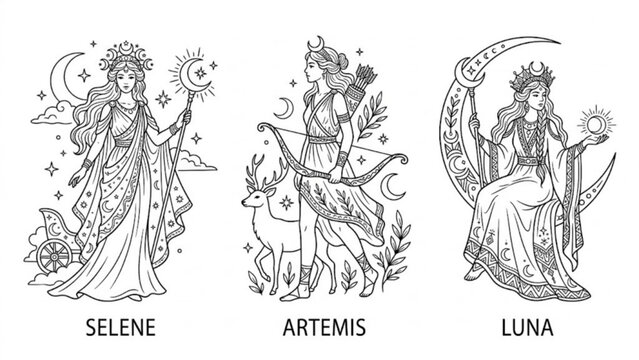 Moon Goddess & God Line Art Icons &ndash; Selene, Artemis, and Luna Vector Set