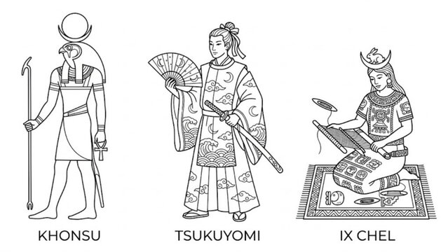 Ancient Lunar Deities Vector Pack &ndash; Khonsu, Tsukuyomi, and Ix Chel