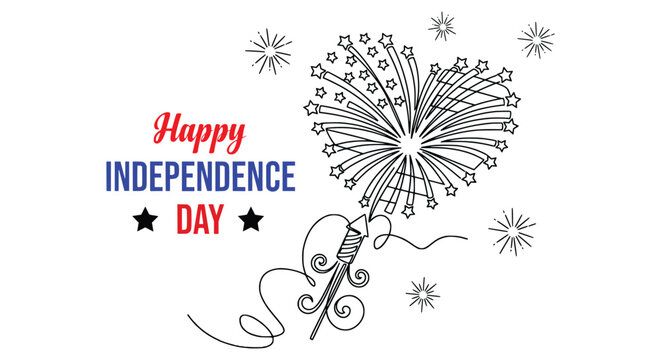 Happy independence day holiday graphic. continuous line firework rocket, heart shape sparks, red blue text, stars. for 4th of july celebration prints, festival banners. outline vector art.