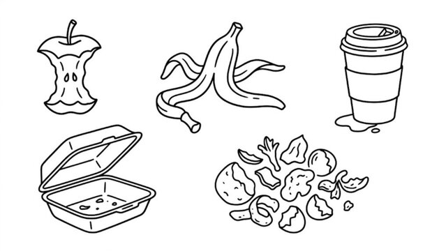 Organic & Food Waste Line Art Collection &ndash; Apple Core, Banana Peel, Coffee Cup, and More