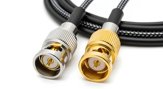 Professional bnc connectors with silver and gold finishes on cables.