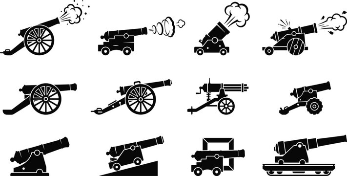 Vintage cannon and military artillery silhouette icon set featuring historic field guns firing mortars and gatling gun weapon vector
