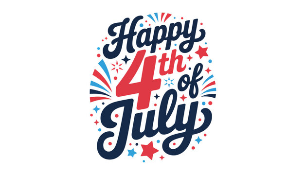 Happy 4th of July vintage typography vector illustration, patriotic USA Independence Day red and blue script lettering text with festive firework bursts isolated on white background