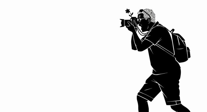 man in gas mask with backpack and camera