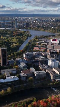 Aerial view of Ottawa Skyline over Carleton University and the Rideau River