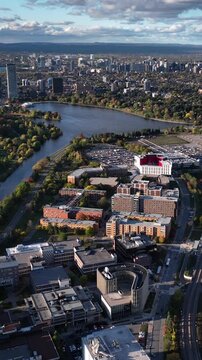 Aerial view of Ottawa Skyline over Carleton University and the Rideau River