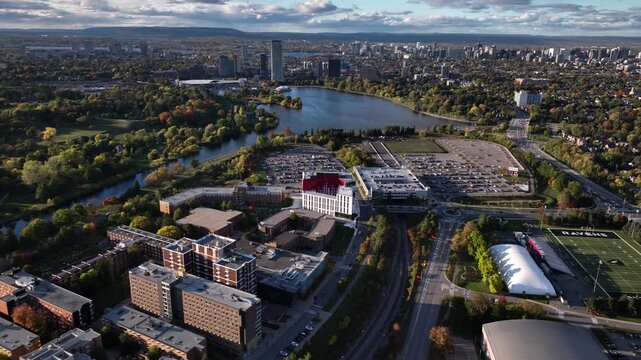 Aerial view of Ottawa Skyline over Carleton University and the Rideau River
