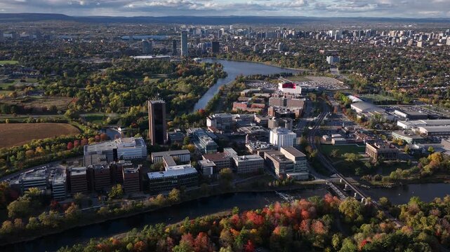 Aerial view of Ottawa Skyline over Carleton University and the Rideau River