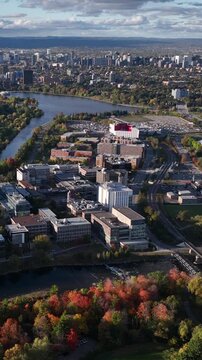 Aerial view of Ottawa Skyline over Carleton University and the Rideau River