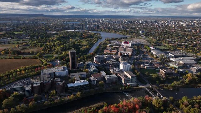 Aerial view of Ottawa Skyline over Carleton University and the Rideau River
