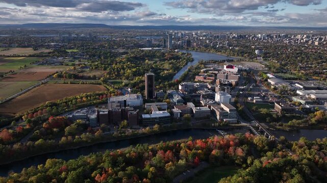 Aerial view of Ottawa Skyline over Carleton University and the Rideau River