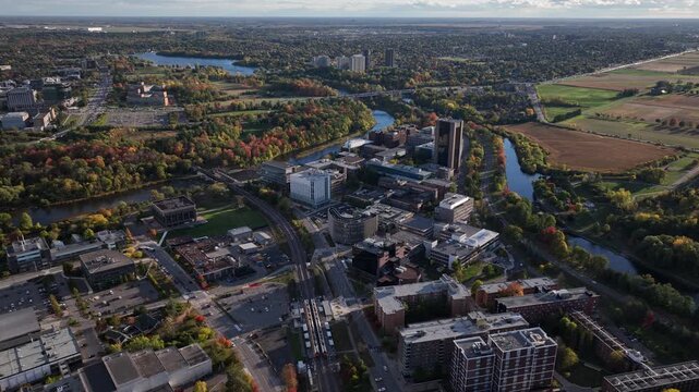 Aerial view of Ottawa Skyline over Carleton University and the Rideau River