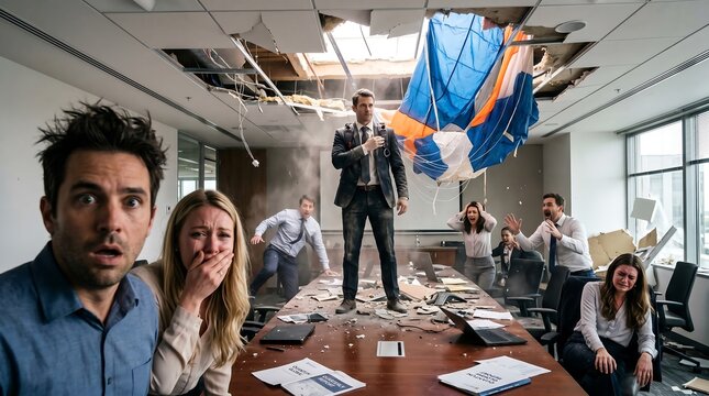 A comical office episode involving a parachutist promoted to a higher-up position. Everyone who expected the promotion is upset in their own way.