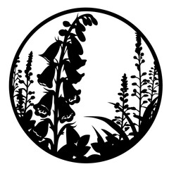 Digitalis Foxglove Silhouette, Woodland Floral Circle Design, Botanical Nature Vector Art, Elegant Black and White Garden Illustration © SUMON