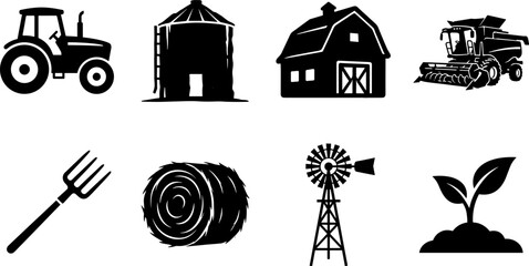 Agriculture and farming equipment icon set featuring black vector silhouettes of tractor grain silo barn combine harvester pitchfork hay bale windmill and plant sprout © fulbabu